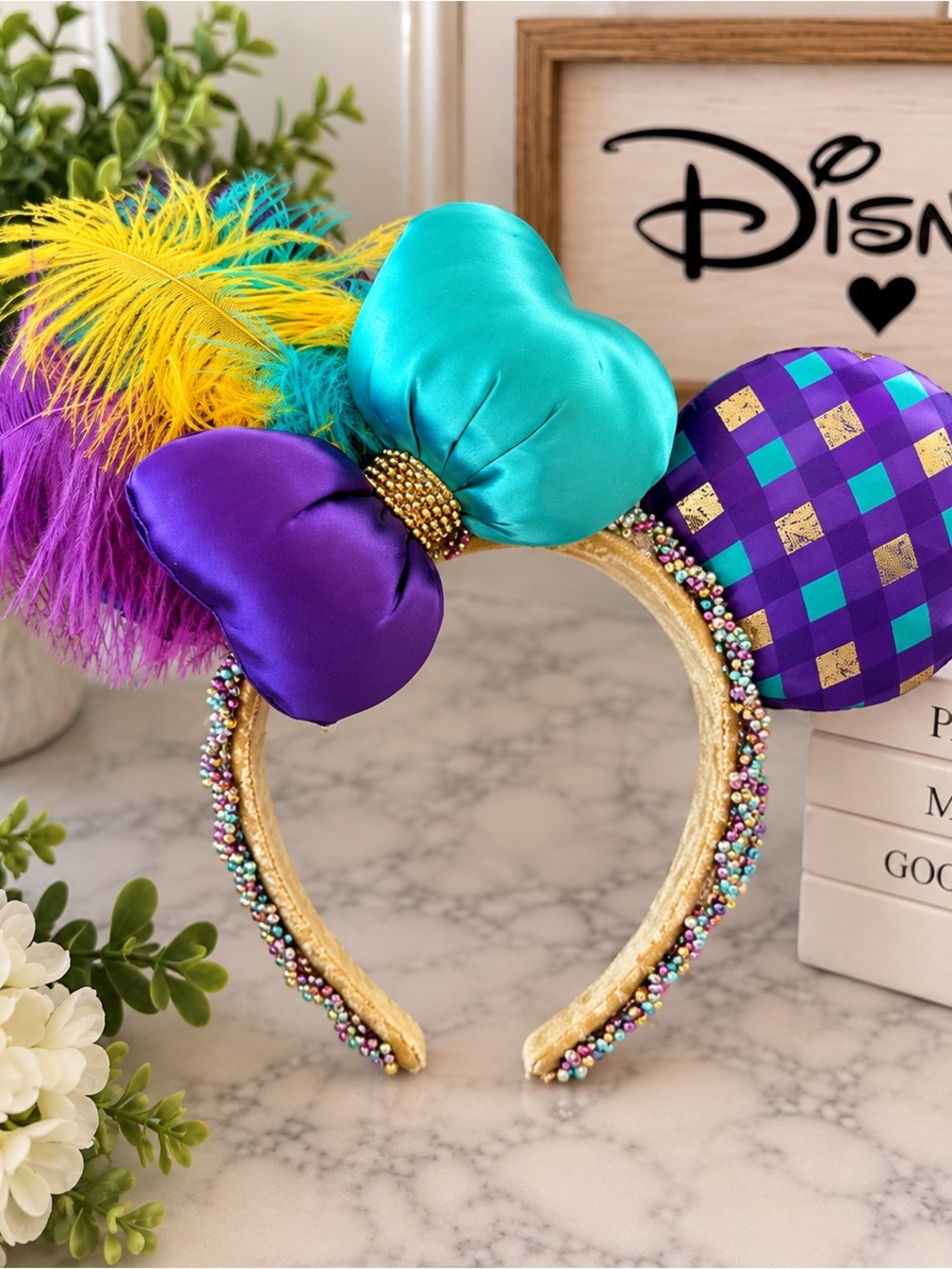 Disney Parks Mardi Gras Minnie Ears Purple Teal Gold Feathers